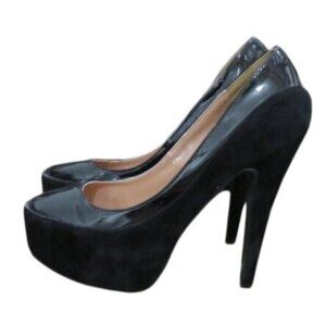 Apple Bottoms Pazia Black Suede & Patent Leather Platform Pumps Stiletto Heels 9